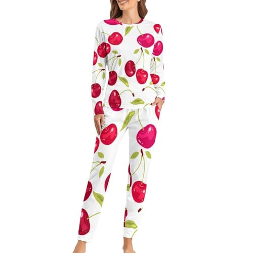 Pyjama femme cerise rouge avec t-shirt manches longues et pantalon