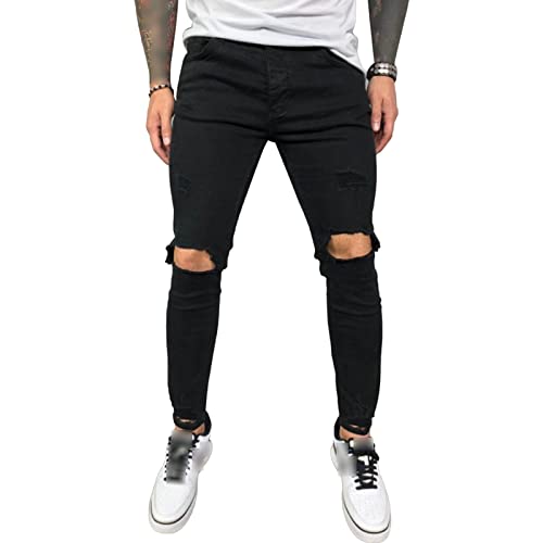 Maiyifu-GJ Mens Ripped Skinny Stretch Jeans Destroyed Tapered Leg Soft Denim Pencil Pants Washed Distressed Jean Trousers
