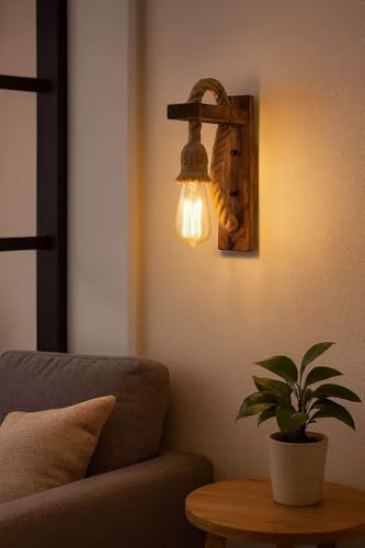 TEKHOME Applique da Muro in Legno con Corda, Portalampada E27 Vintage, Lampada da Parete Rustica Industriale per Soggiorno, Camera, Corridoio, Ristorante e Bar-E70