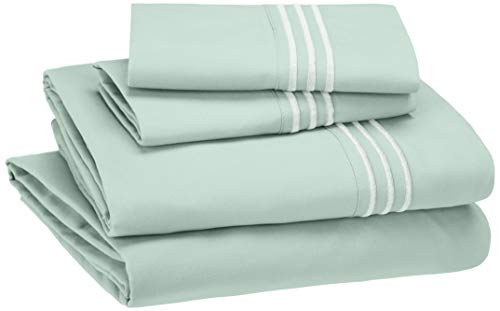 AmazonBasics Premium, Easy-Wash Embroidered Hotel Stitch Sheet Set - Full, Seafoam Green