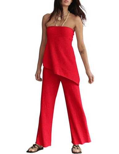 Image of Women Summer Knit Sweater Sets Sexy Tube Top and Loose Pant Lounge Matching Set 2025 2 Piece Outfits Red