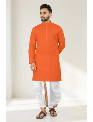 Image of UNIQUE MOMENTS Men's Cotton Dhoti Kurta Set with Full Sleeves Solid Pattern Modern Style and Mandarin Collar Neck | Perfect for Puja & Celebrations