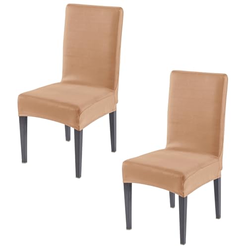 Image of HOKIPO 'SereneSolids' 140 GSM Polyester Blend Dining Chair Cover Set of 2, Camel (AR-6246-CML)