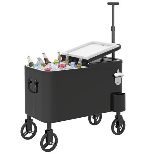 Outsunny Carrito Nevera de 56L con Ruedas, Carro de Bebidas con Mango Ajustable, Abrebotellas, Recogetapas, Drenaje y Asa, Mesa Nevera Jardín Exterior para Patio, Fiesta, BBQ, 75x35x120 cm, Negro