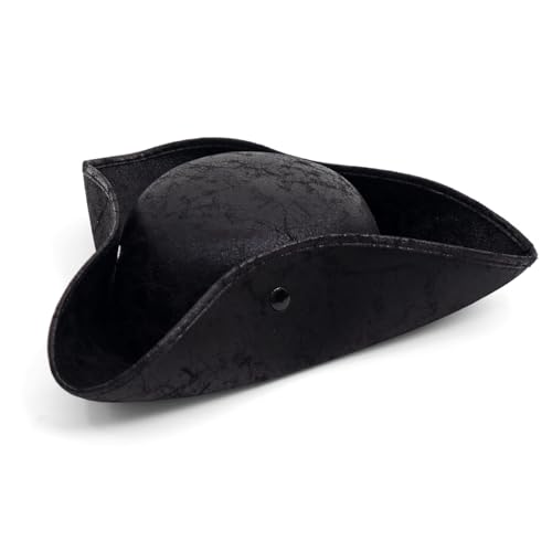 COLLECT PRESENT Distressed Black Faux Leather Pirate Tricorn Hat for Adults - Vintage Style Black Pirate Tricorn Hat for Men & Women