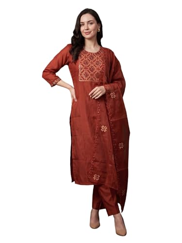 Image of INDO ERA Women's Silk Blend Floral Embroidered Thread Work Straight Kurta & Pant with Dupatta Set | Kurti Set