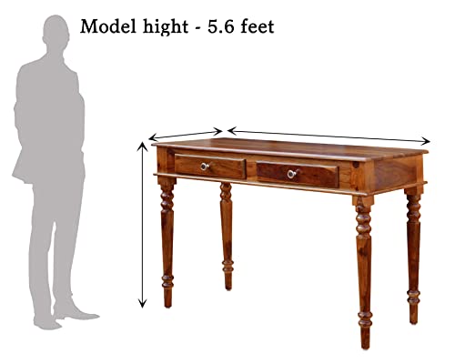 Image of Heer Handicraft Two Drawer Kharti Study Table in Natural Honey Oak Colour in Matte Finished with Premium Polish, Smooth Edges