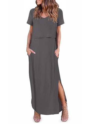 Image of Ekouaer Women's Nursing Dress Summer V Neck Short Sleeve Maternity Split Long Dresses for Breastfeeding with Pockets S-XXL