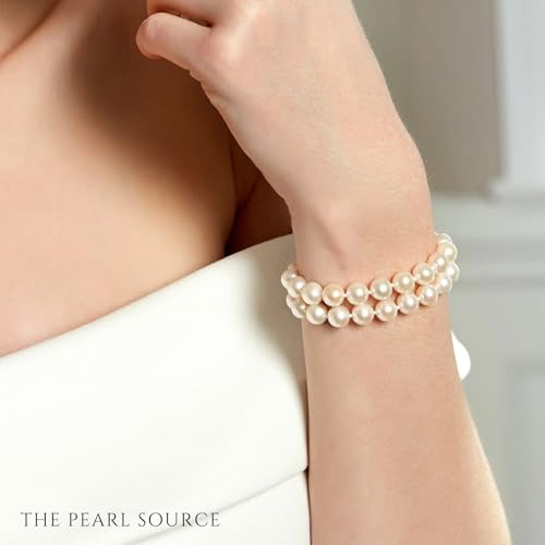 The Pearl Source Yellow Gold Plated AAAA Quality Round White Freshwater Cultured Pearl Double Strand Bracelet for Women3