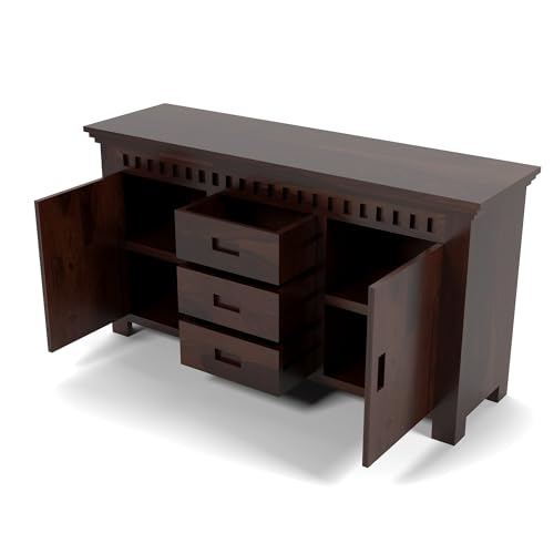 Image of Solid Sheesham Wood Wooden Sideboard Storage Cabinet & Chest of Drawer : Ideal for Living Room and Bedroom with 3 Drawers and 4-Shelf Storage (Carter, Walnut Finish)