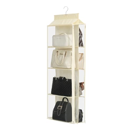 Remittur 8 Grids in 1 Pack Hanging Purse Handbag Organizer with Double Zippers Visible Purse Organizer for Closet Fully Enclosed Purse Storage Holder-Beige