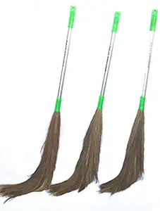 Raja Brooms Jhadu for Floor and Home with Steel Handle Broom Eco Friendly Soft Grass Floor Broom for Cleaning Home Apartment Flat Society(Multicolour,Standard Size) Set of 3 Pieces(Ladies Favorite)