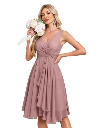 Image of Women's V Neck Short Bridesmaid Dresses 2025 Ruched Waist A Line Chiffon Formal Cocktail Party Dress