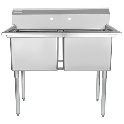 Image of Empura 43 inch Wide Stainless Steel Two Compartment Commercial Sink | Prep Utility 18 x 18 Bowl for Restaurant Laundry Garage | 3.5 inch Drain Basket, 9.75 inch Backsplash, 43 inchW x 23.5 inchD x 44.25 inchH, 18 Gauge, NSF