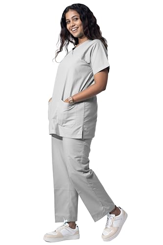 Image of Uniform Craft Women's 4 Pocket Scrub Suit Set | Medical Uniform | Cross V-Neck Poly Cotton | Short Sleeve Hospital Wear | Ideal for Doctors & Nurses (Light Grey, XL)