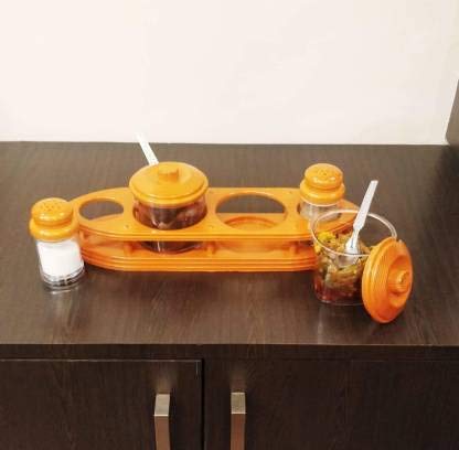 Image of Nabhya Complete Dining Table Set of Pickle Jars, Salt and Pepper Dispenser, Toothpick Holder and Spoon Holder(Wooden Look Design, Plastic) (StarCruz)