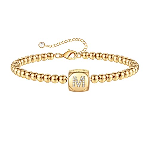 Gold Bead Bracelets for Women Girls, 14K Gold Plated Tiny Beaded Initial M Bracelet Personalized Square Dice Bracelet Handmade Gold Initial Bracelets for Women Wife Teens Jewelry Birthday Gifts