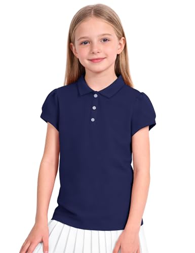 KEREDA Shool Uniform Shirts for Girls Cotton Polo Shirts Puff Sleeve with Button for Kids Golf Tennis Tops Navy 9-10 Years