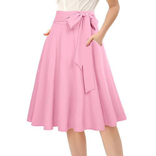 Belle Poque Womens High Waist Skater Skirts Plus Size Pleated Midi Skirts for Women (Pink,XL)