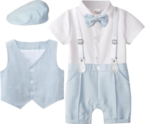 A&J DESIGN 4pcs Baby Boys Suit, Gentleman Outfits 3 Months - 18 Months, Romper & Vest & Berets Hat & Bow Tie