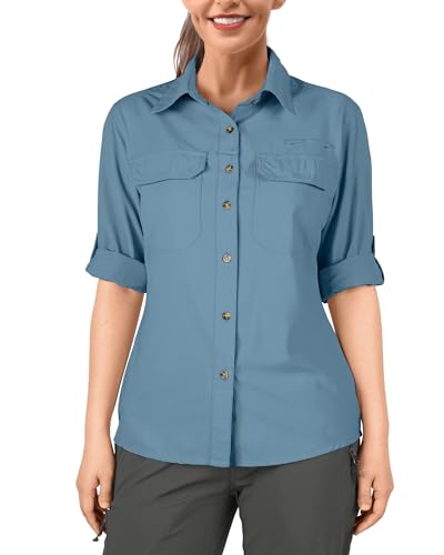 33,000ft - 33,000ft Chemise pour femme - Protection UV UPF50+ - Séchage rapide - Manches longues - Pour la pêche, le safari, les voyages, le golf, bleu acier, XL
