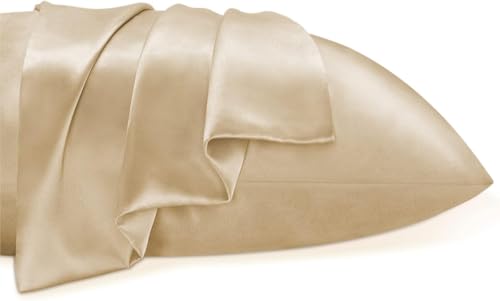 GO WELL solid Satin Silk Pillow Covers Pack of 2 for Hair and Skin-with Satin Scrunchies for Women Stylish|Satin Pillow coer for Hair|scrunchies for Women 3-Piece|Silk Pillow case (Champagne) 600TC