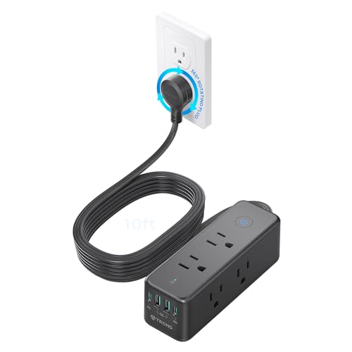 Image of TROND 360 Rotating Plug Surge Protector Power Strip with USB C PD20W, Black | 6 Widely Spaced Outlets, 1440J Surge Protection, Wall-Mountable Design, 10ft Flat Extension Cord for Home Office Dormitory