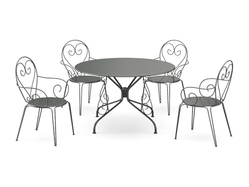 Vente unique   Mesa de Comedor de jardÌn de Metal Estilo forja: una Mesa de ¯120 cm y 4 sillas apilables   Antracita   GUERMANTES de MYLIA