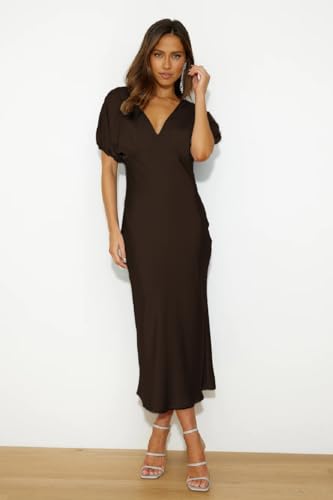 Image of Summer Satin V Neck Puffy Sleeves Empire Waist Midi Dresser Silk Sexy Tie Back Formal Cocktail Dresser for Women Wedding