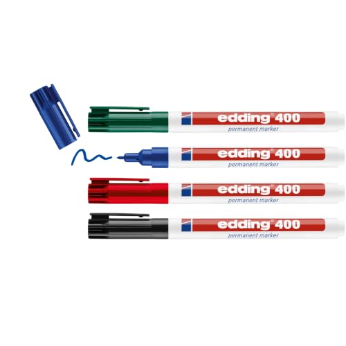 edding 400 Permanentmarker - schwarz, rot, blau, grün - 4 Stifte - feine Rundspitze 1 mm - wasserfest, schnell-trocknend - wischfest - für Karton, Kunststoff, Holz, Metall, Glas