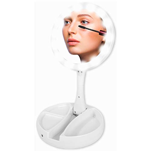 Lighted Travel Makeup Mirror with Magnification as LED Compact Foldable Mirror - Best Vanity Mirror USB or 4 AA Battery Power