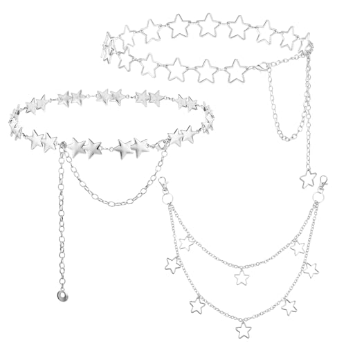 IHFAIO Y2K Chain Belts for Women Star Waist Chain Silver Body Chain with Adjustable Fit Pants Chain for Trousers Dresses 3PCs