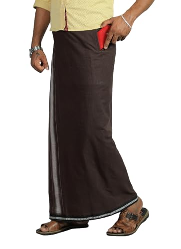 Image of PRAKASAM COTTON Velcro Pocket Dhoti | Thalapathi Border Readymade Cotton Kerala Mundu for Men