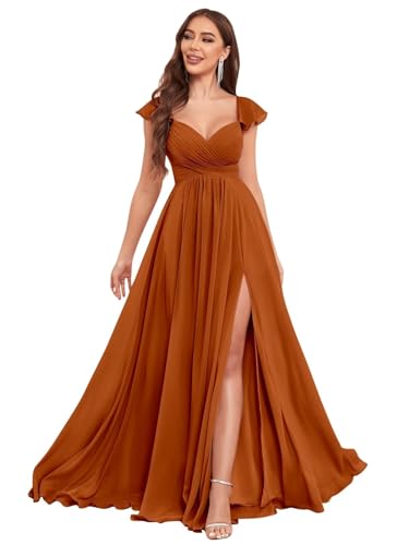 VCCICANY Ruffle Chiffon Bridesmaid Dresses with Slit Pleated Prom Dress with Pockets Evening Formal Gown