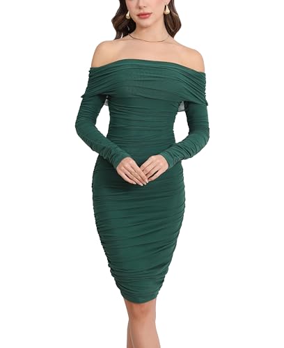 Image of Fooullaide Women's Sexy Off Shoulder Sleeveless Bodycon Ruched Midi Dress