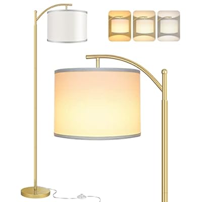 ROTTOGOON Floor Lamp for Living Room with 3 Color Temperatures LED Bulb, Standing Lamp Tall Industrial Floor Lamp Reading for Bedroom, Office (9W LED Bulb, White Lampshade Included) -Gold