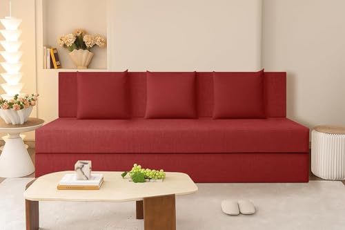 Image of Rosebell Lightweight Three-Person Sofa Cum Bed Jute Fabric- Washable Cover- Including 3 Cushion - Size 5' X 6' Ft | Color - Red | Perfect for Home & Office