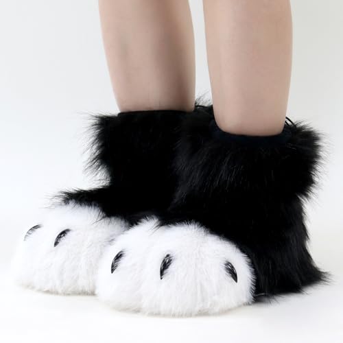 Image of Animal Fuzzy Slippers Bear Cat Wolf Dog Fox Fursuit Feet Paw Claw Shoes Furry Boots Costume Accessories for Adult Kids