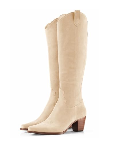 Women Cowboy Knee High Boots Chunky Block Heel Square Toe Tall Riding Boots