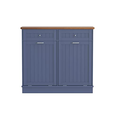 Tilt Out Trash Cabinet,Antique-Style Beadboard Kitchen Island with Solid Wood Tabletop & Drawer, Pet Proof Trash Can, Wood Laundry Cabinet (Blue, Double Door)