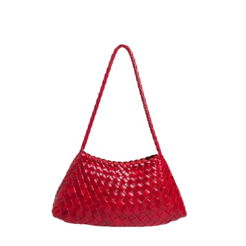Image of Women's Woven Basket Handbag, Drawstring Bucket Purse With Removable Inner Pouch And Top Handle Crossbody (Red)