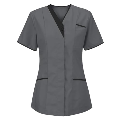 Gray Women Maid Costumes Tops Loose Fit Blouse for Women Short Sleeve V Neck Work Anatomy Scrub Uniform Fall Summer Shirts 2025 Soft Comfy Clothing Fashion M