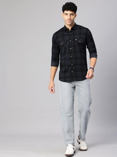 Image of Majestic Man Men's Pure Cotton Cargo Checkered Shirt with Dual Flap Pockets - Slim Fit | Full Sleeve | Casual Wear | Trendy & Comfortable