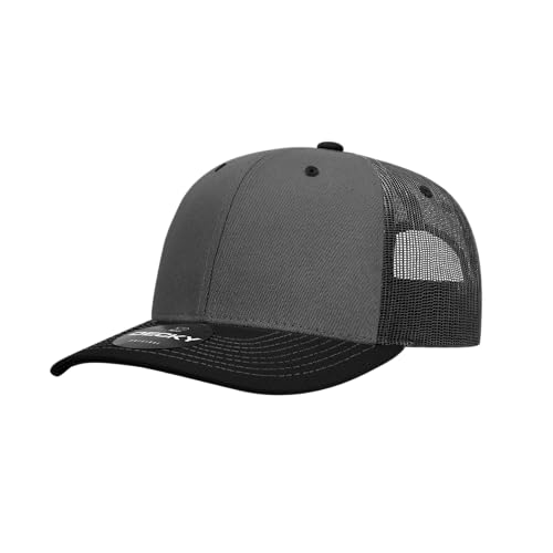 DECKY 6 Panel Mid Profile Structured Contra-Stitch Trucker Hat, Charcoal/Black