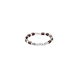 Pulsera para hombre creada en cuero marrón acompañado de originales piezas de diferentes tamaños bañadas en plata y cuentas en madera de olivo.