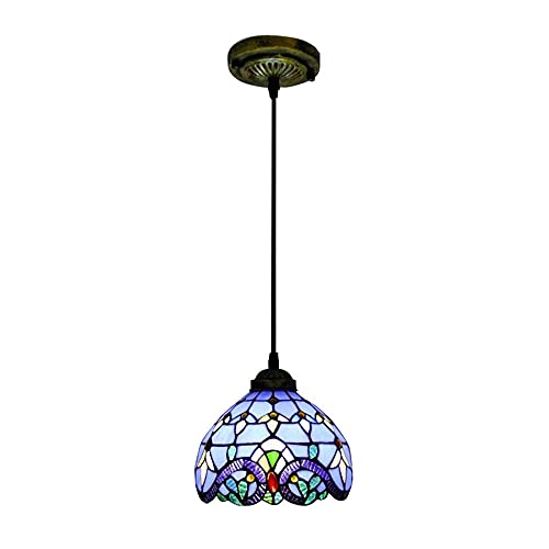 Lampada a sospensione stile Tiffany, stile retrò, E27, lampada a sospensione per sala da pranzo, in vetro lavorato a mano, altezza regolabile, per soggiorno, camera da letto, tavolo da pranzo, D20 cm