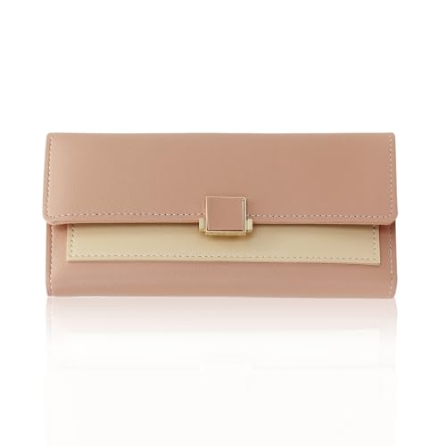 FuninCrea Slim Womens Wallet, Leather Wallets for Women Credit Card Holder Wallet Large Capacity Ladies Wallet Trifold Buckle Wallet Purse with Zipper Coin Pocket ID Window to Travel (Pink) - Main Image