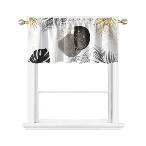 AAtter Black and Gold Floral Kitchen Window Curtain Small Abstract White Grey Gray Leaf Boho Tropical Plants Gild Cafe Valances Living Room Bedroom Window Drape Treatment Valance, 52" W x 18" L, Art Cover