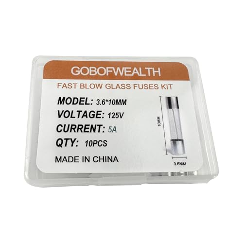3.6x10mm 5A 5amp 125V 0.14x0.39 Inch F5AL125VMini Fuse Fast-Blow Glass Fuses (Pack of 10)