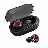 Wadukud Fone de Ouvido Sem Fio Bluetooth TWS, Intra Auricular, Microfone Integrado, Controle Touch, Mãos Livres, Luz do Indicador LED, Estojo Carregador (Preto + Vermelho)